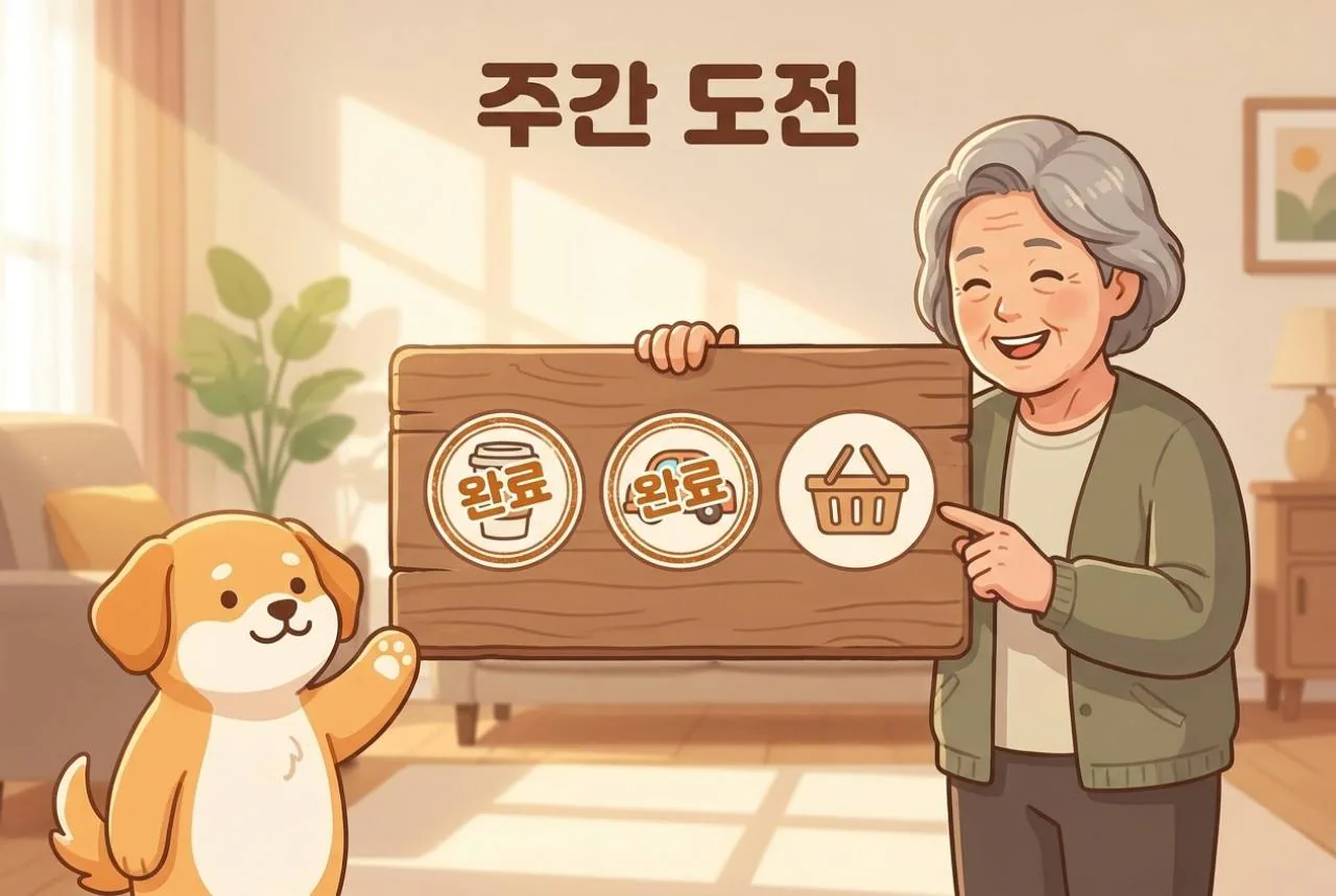 든든이와 시니어 이용자가 세 가지 주간 도전을 도장판으로 확인하는 그림