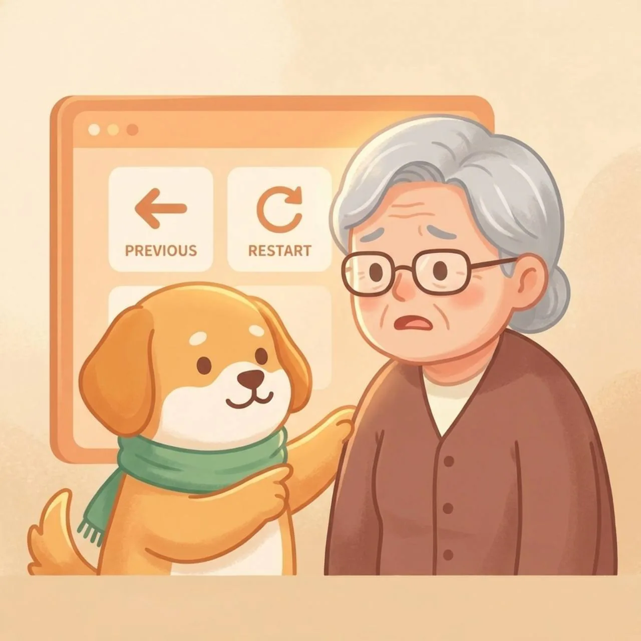 든든이가 실수한 이용자에게 이전 버튼과 다시 시작을 안내하는 그림