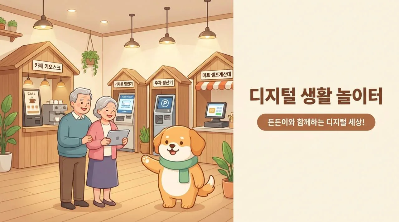 든든이가 시니어 이용자와 함께 카페, 기차역, 주차장, 마트의 디지털 기기 연습 공간을 안내하는 그림