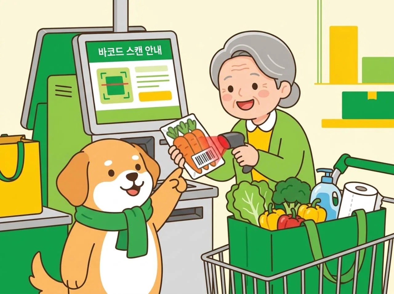 든든마트에서 마트 셀프계산을 연습하는 장면