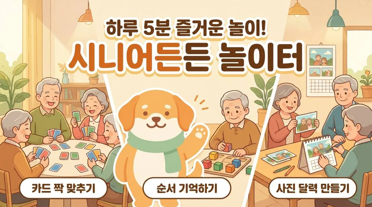 든든이와 시니어 이용자들이 카드 놀이, 순서 기억하기, 사진 달력 만들기를 즐기는 그림