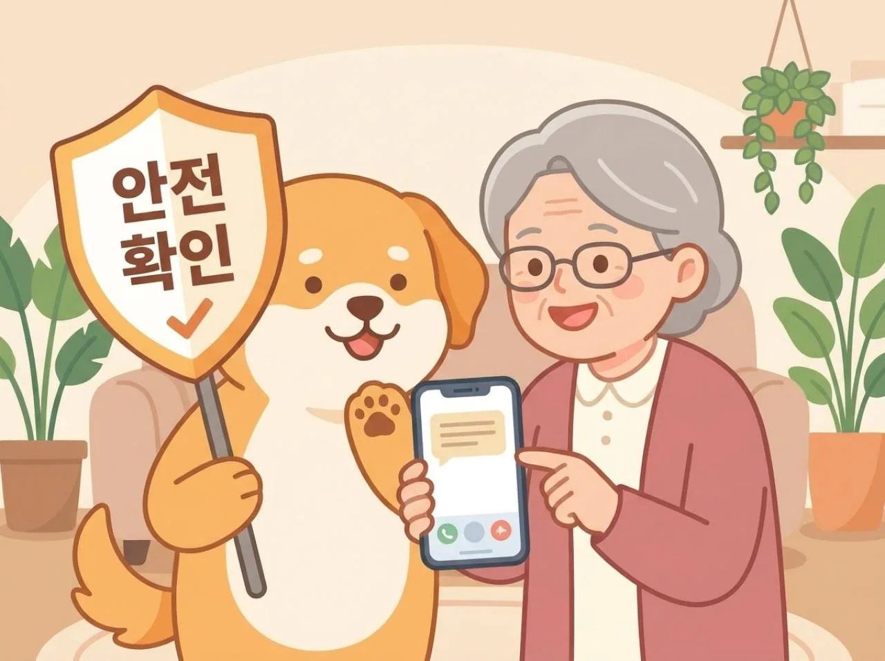 든든이가 안전 확인 안내판을 들고 시니어 이용자와 스마트폰 문자를 살펴보는 그림