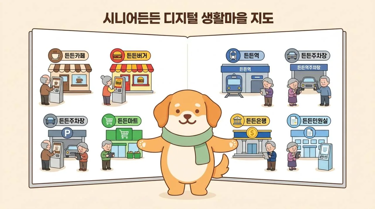 든든카페, 든든버거, 든든역, 든든주차장, 든든마트, 든든은행, 든든민원실의 위치를 보여주는 디지털 생활 연습마을 그림