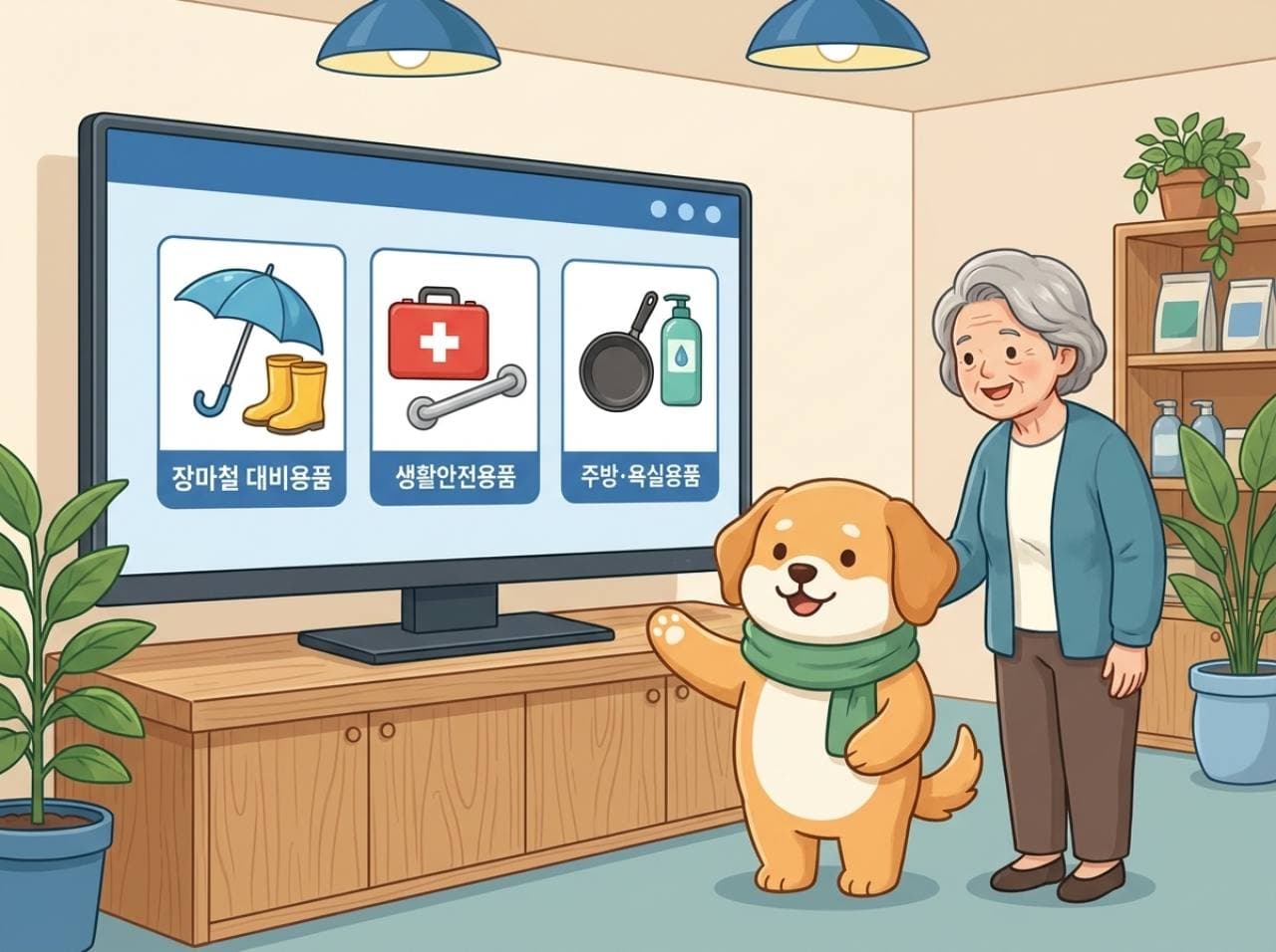 거실 화면에서 생활용품을 살펴보는 어르신과 든든이