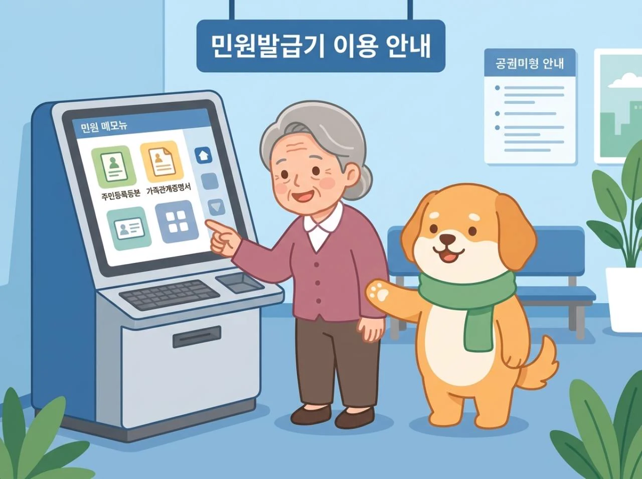 든든민원에서 든든이와 함께 서류 발급 연습을 하는 그림
